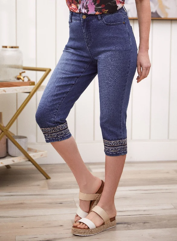 Embroidered Hem Denim Capris