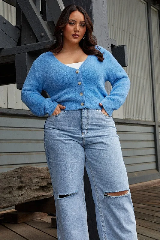 Blue Fluffy Knit Cardigan Long Sleeve V-neck