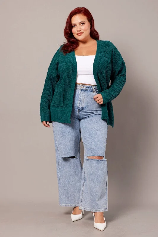 Green Knit Cardigan Longline Chenille