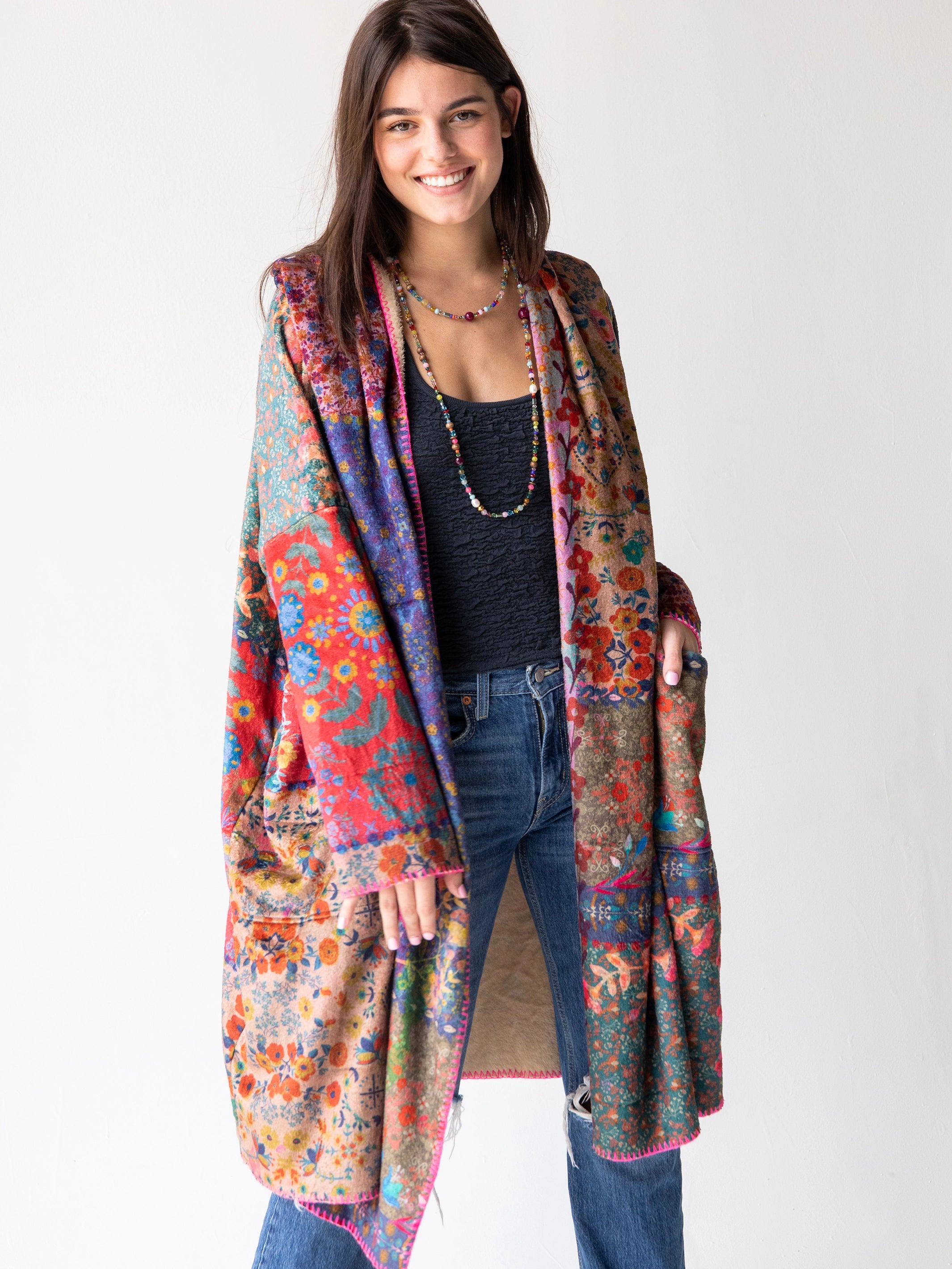 Long Cozy Blanket Kimono - Vintage Patchwork