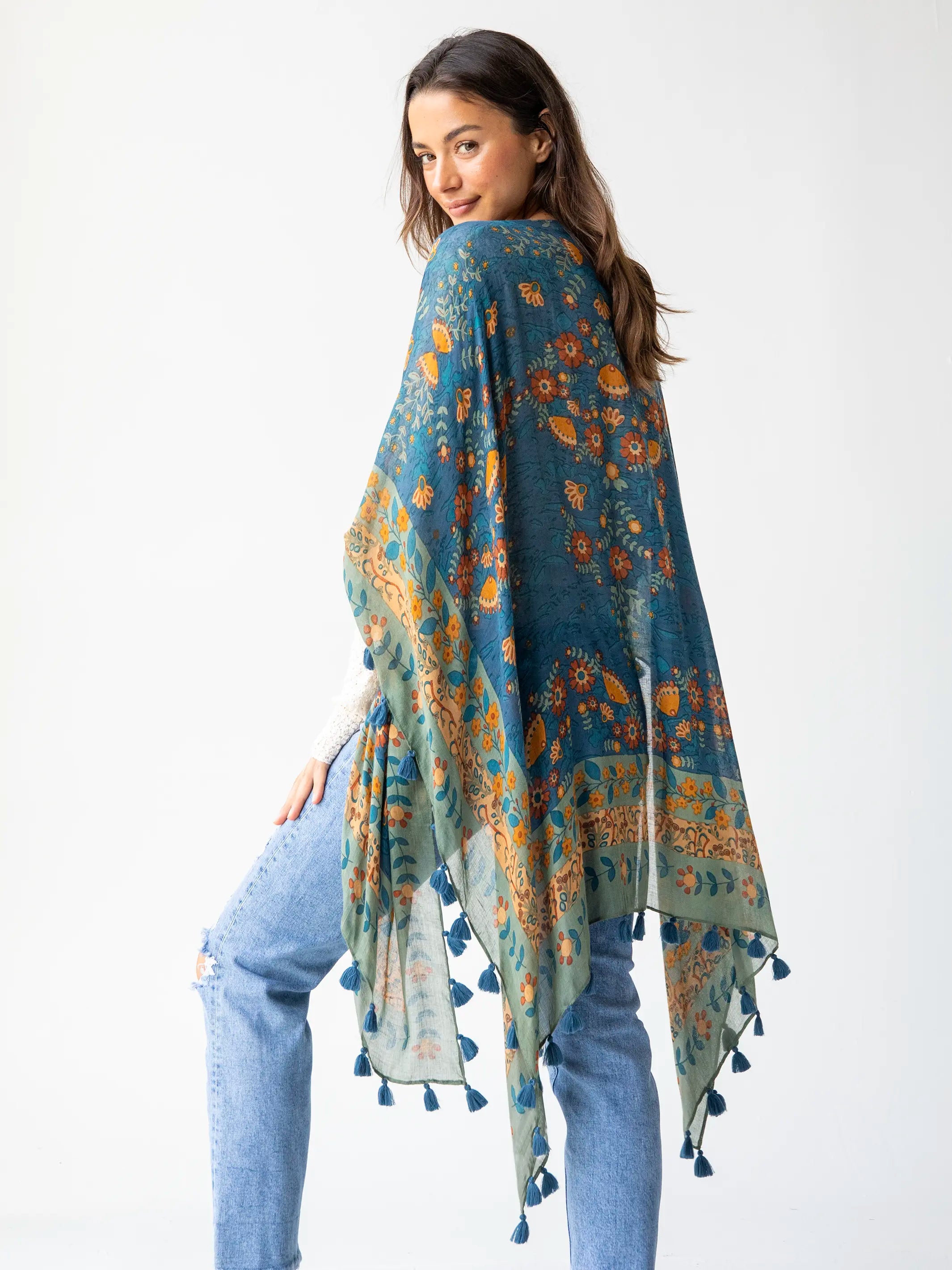 Meera Convertible Kimono - Navy Border Print