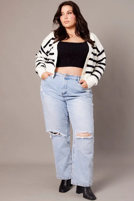 White Stripe Knit Cardigan Long Sleeve V-neck Oversized Fit