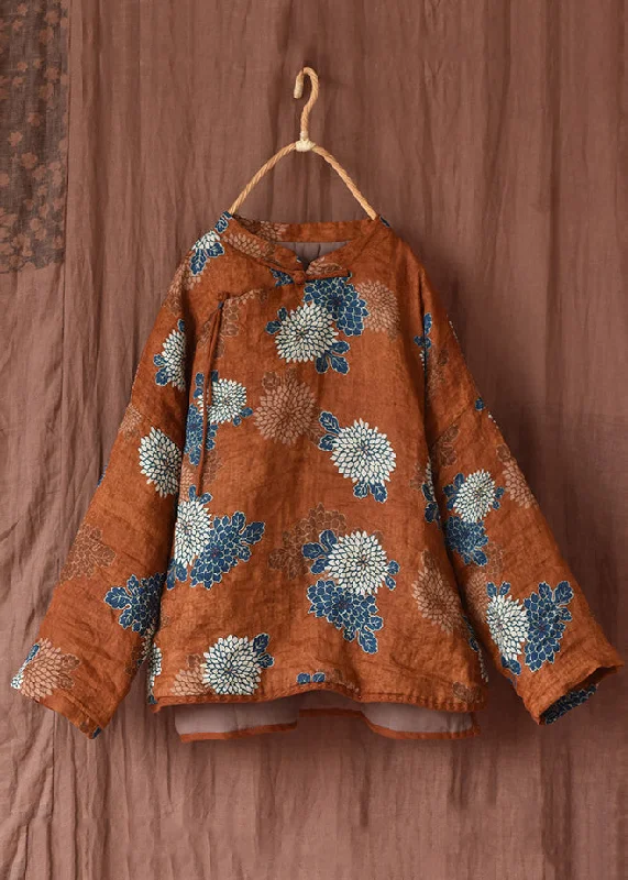 Original Orange Print Stand Collar Patchwork Fine Cotton Filled Coats Winter