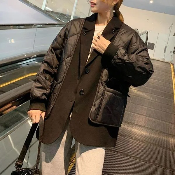 Patchwork Argyle Parkas Women Winter Casual Tide Fashion  Korean Style Notched Collar Long Sleeve Pocket Coat