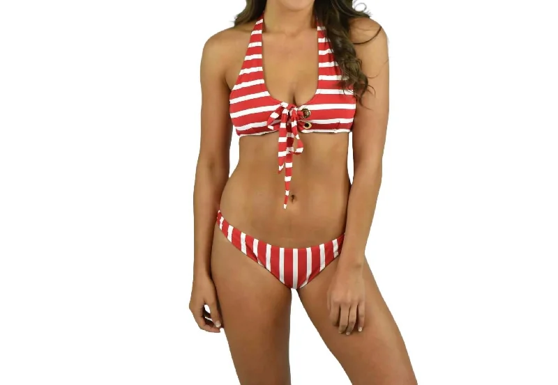 Stripe Grommet Santorini Bikini Top In Red/ivory