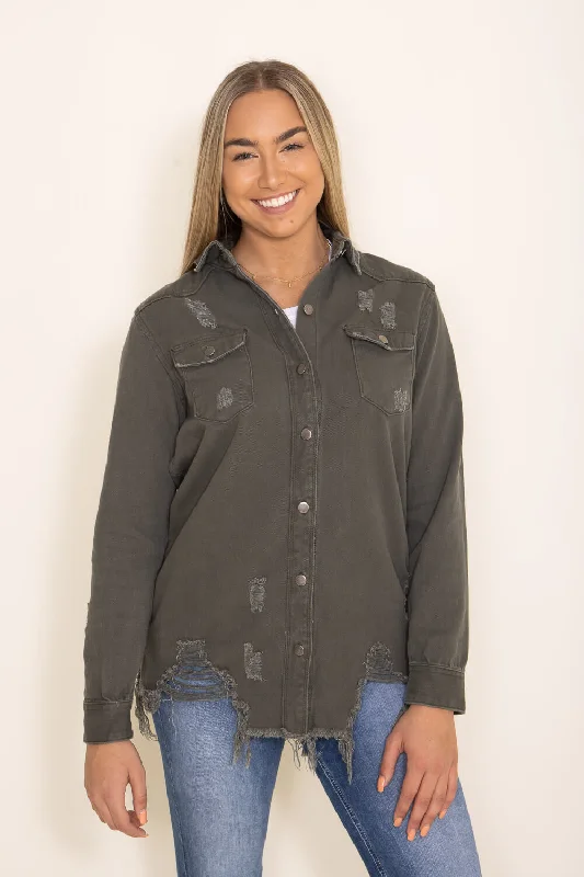 American Bazi Long Destructed Hem Denim Jacket for Women in Olive Green | RJK-3447-OLIVE