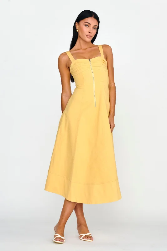 Emilio Pleated Bust A-Line Midi Dress Yellow