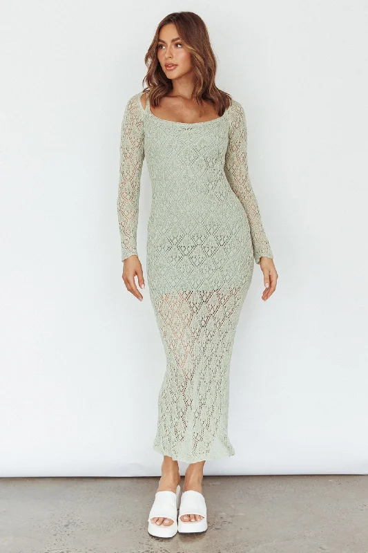 Happy Place Long Sleeve Crochet Midi Dress Sage