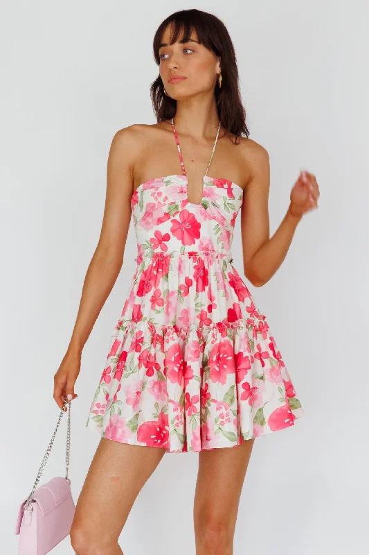 Horizons Frill Trim Mini Dress Floral Pink