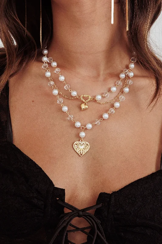 Venus Heart & Pearl Multi-Strand Necklace Gold