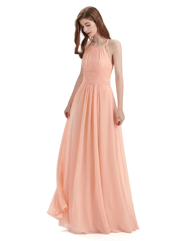 Simple Halter Chiffon Floor-Length Long Bridesmaid Dresses