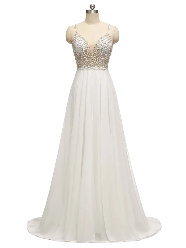 Eleagnt A-line Spaghetti Straps Sparkly Beaded Beach Wedding Dresses Online