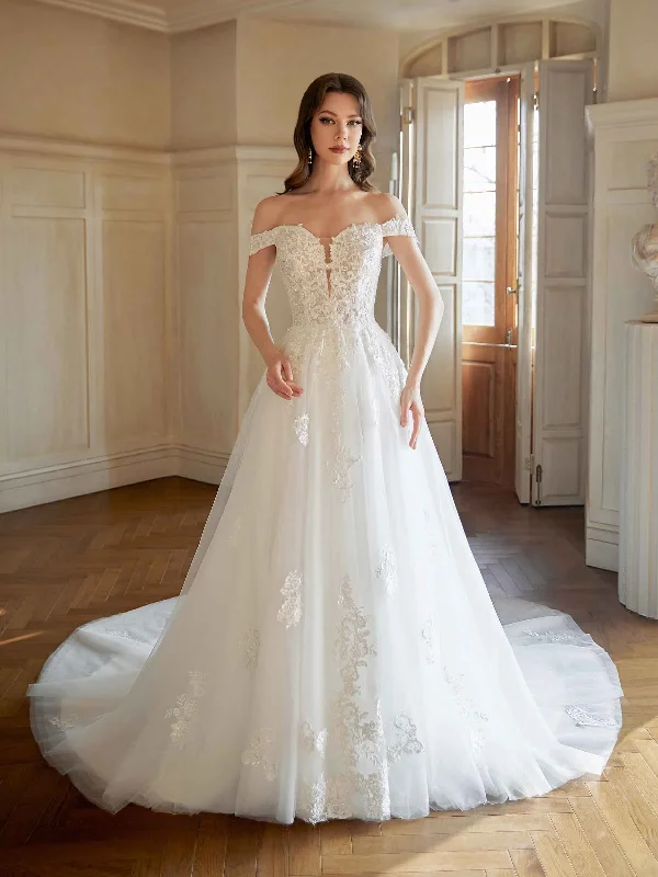 Elegant Off The Shoulder A-line Maxi Long Lace Wedding Dresses Online