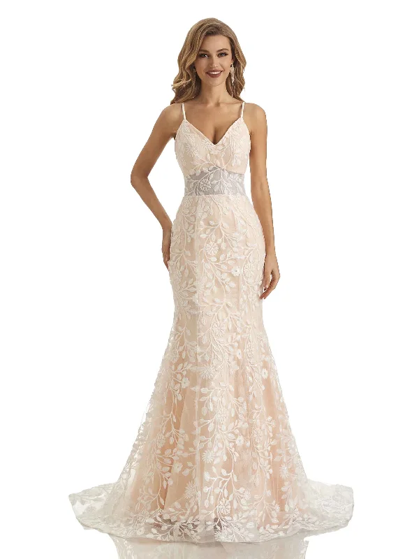 Lace Mermaid Applique Spaghetti Straps V-neck Long Wedding Dresses