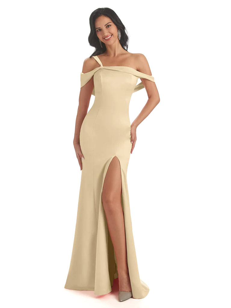 Off Shoulder Soft Satin Side Slit Mermaid Floor-Length Bridesmaid Dresses In Stock