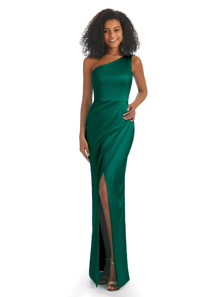 Sexy Mermaid Soft Satin One Shoulder Floor-Length Side Slits African Bridesmaid Dresses In Stock