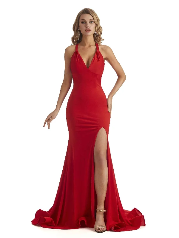 Sexy Mermaid Spaghetti Straps V-Neck Side Slit Jersey Long Formal Bridesmaid Dresses