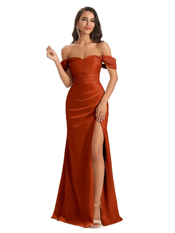 Sexy Off The Shoulder Satin Side Slit Mermaid Long Formal Wedding Guest Dresses