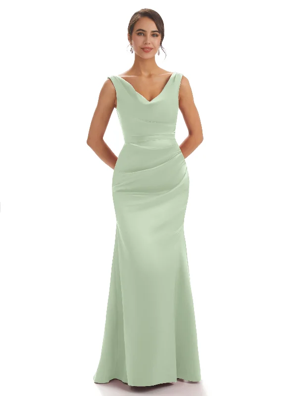 Sexy Simple V-neck Mermaid Soft Satin Long Wedding Outfits For Women