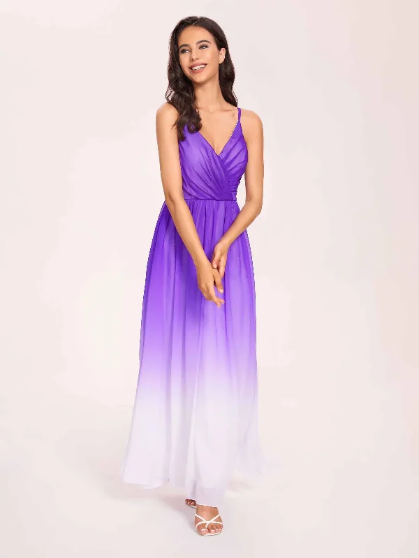 Spaghetti Straps Floral A-line Ombre Chiffon Long Bridesmaid Dresses Oline