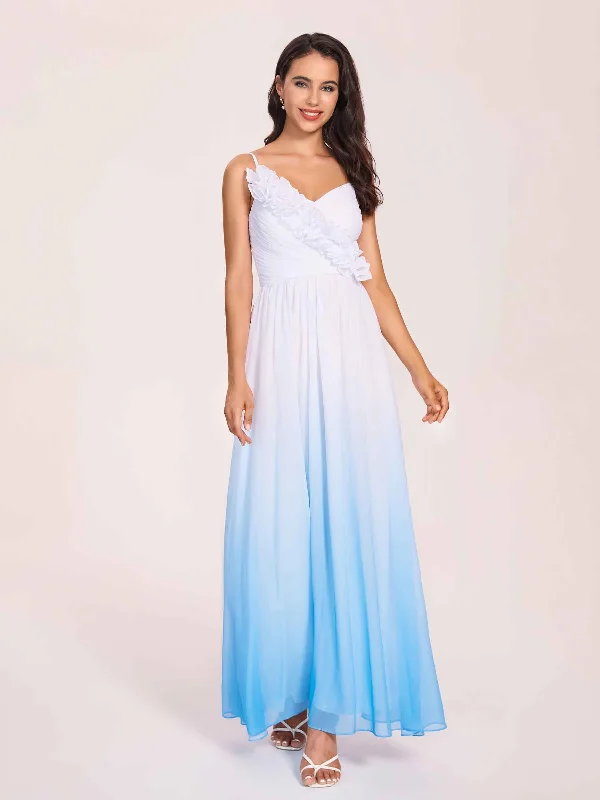 Spaghetti Straps Floral A-line Ombre Chiffon Long Bridesmaid Dresses Online