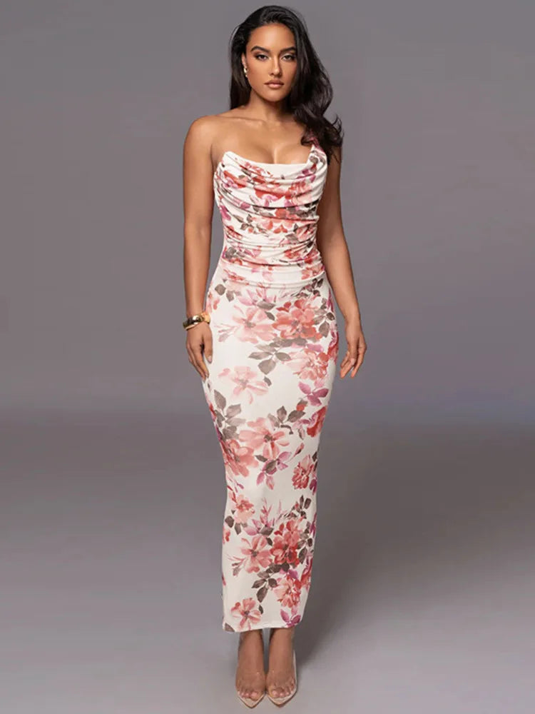 One Shoulder Off-shoulder Backless Bodycon Club Party Floral Dress